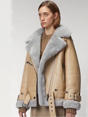 Women's The Arrivals Moya Shearling Oversized Leather Jacket Cream